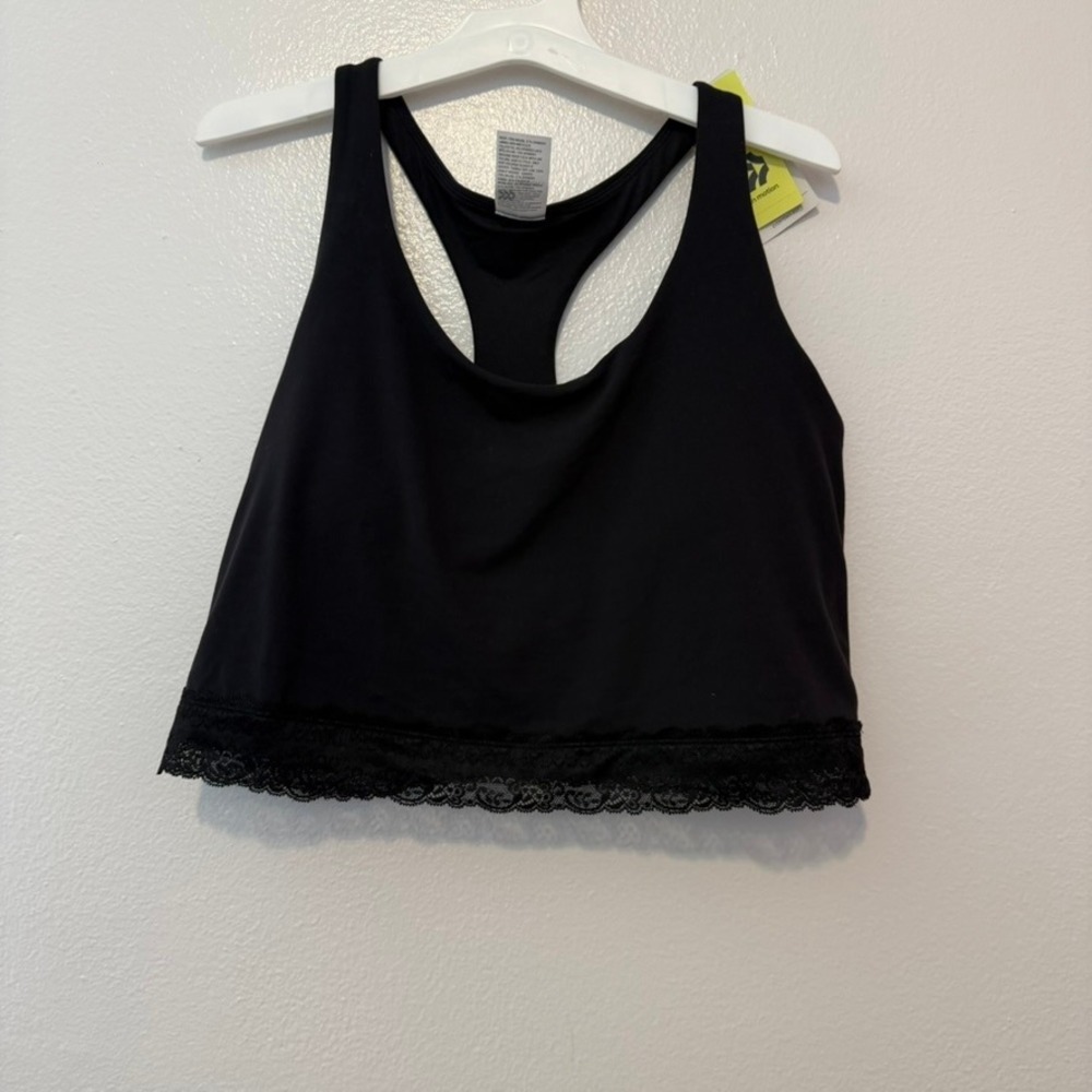 All in Motion Womens Black Lace Trim Racerback Cropped Tank Top XL Built-in Bra